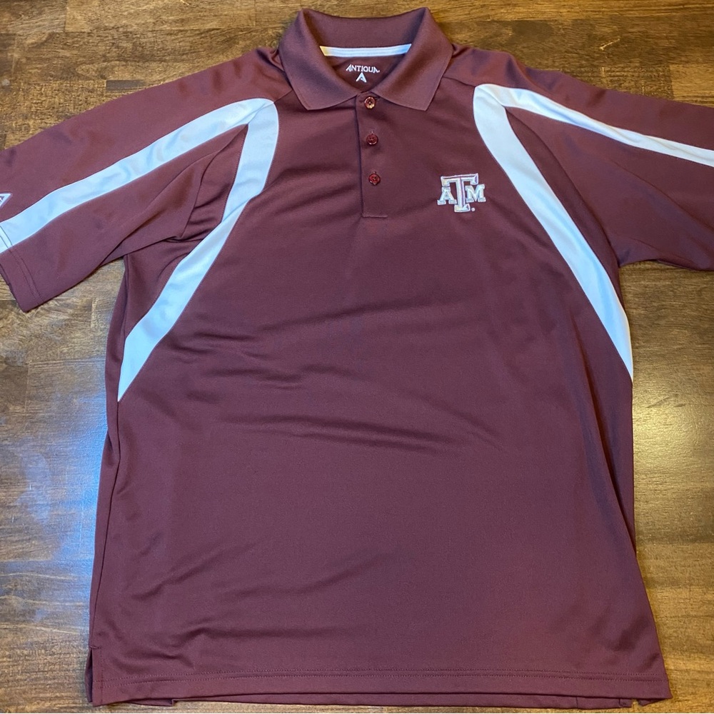 Large Antigua Maroon and White striped Texas A&M Men's Polo